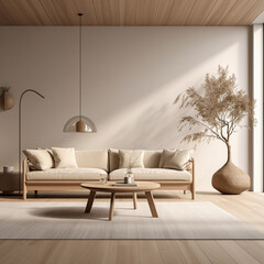 Wooden room design mockup, minimal Scandinavian living room mock up, beige tones and modern furniture 