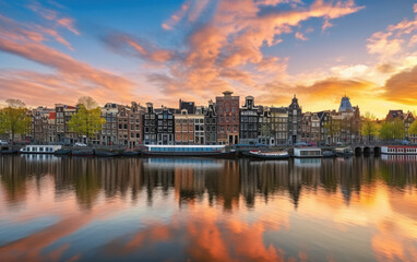 Fototapeta na wymiar Amsterdam Netherlands dancing houses over river Amstel landmark in old european city spring landscape, Generative AI.