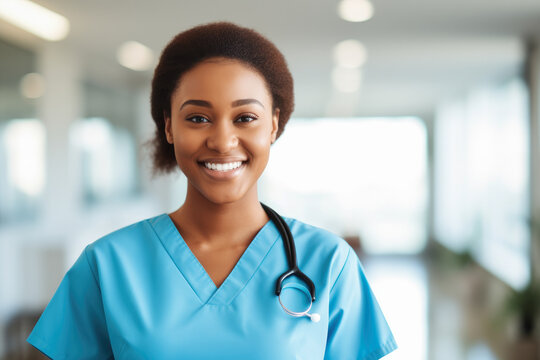 Proud And Compassionate African American Nurse In A Hospital, Smiling And Embodying The Dedication And Warmth Of Healthcare Professionals