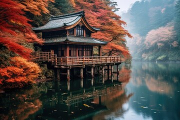 Obraz premium Traditional japanese house at a lake in an autumn forest. Generative AI
