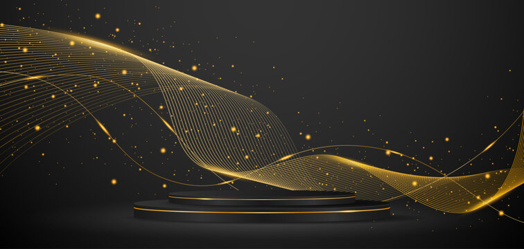 Black podium with elegant gold wave lines on the back for advertisement display. Display of cosmetic products. Stage or podium. vector illustration
