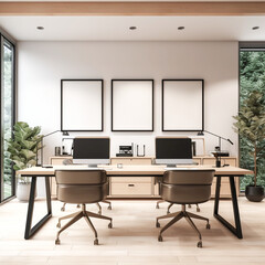 Frame mockup, wooden office design, minimal modern interior with large window, 3 black frames 