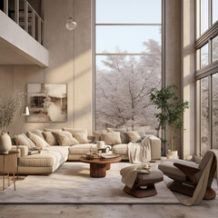 modern double height living room design, neutral colors in winter season 