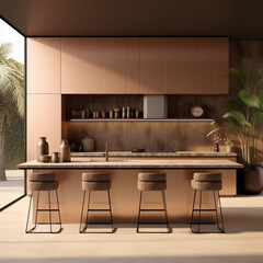 Luxury kitchen design, dark elegant dining experience in a large room with big windows, interior design mockup