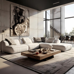 Large living room design, white sofa on a concrete wall with vintage wall art, big windows and warm sunlight