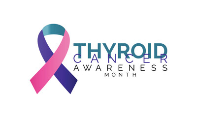 Thyroid cancer awareness month September. Calligraphy Poster Design. Realistic Teal and Pink and Blue Ribbon. September is Cancer Awareness Month.