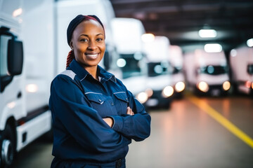 Portrait of a proud smiling female transportation inspector standing in front of transport trucks