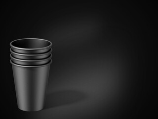 3D illustration. Stacked disposable paper cups isolated on black background