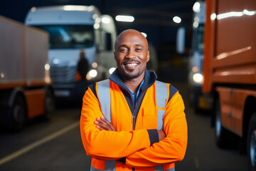 Portrait of a proud smiling male transportation inspector standing in front of transport trucks