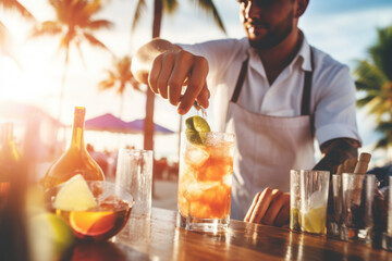 Bartender serving cocktails at the beach cocktail bar venue