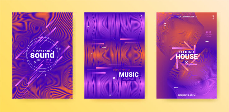 Electronic Music Flyers Set. Techno Dance Cover. Gradient Distort