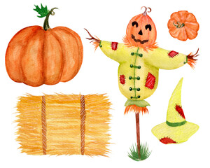 Watercolor set, funny scarecrow, hat, pumpkins and hay stack isolated on white background. For autumn products,cards etc