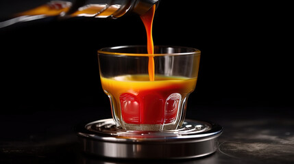 Espresso pouring from coffee machine, Close up, cafe. Generative Ai