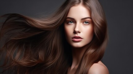 Obraz premium Beautiful model woman with long hairstyle care and beauty hair products