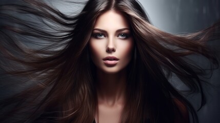 Fototapeta premium Beautiful model woman with long hairstyle care and beauty hair products. 