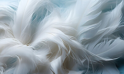 Fototapeta premium Fluffy white feathers on a blue background.
