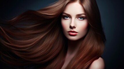 Fototapeta premium Beautiful model woman with long hairstyle care and beauty hair products. 