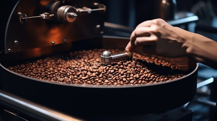 Freshly roastd aromatic coffee beans over a modern machine. Generative Ai