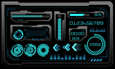 Vector of futuristic technology cyber HUD dashboard monitor blue neon light power status on grey design ultramodern element