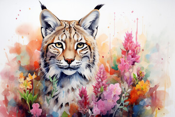 Watercolor painting of a beautiful lynx in a colorful flower field. Ideal for poster, art print, greeting card.