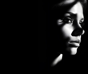 Fototapeta premium Concept. Closeup portrait silhouette of stunning beautiful woman girl hidden in the shadow dark. illuminated with light. sensual, mysterious, advertisement, magazine. copy space