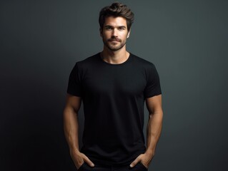Fototapeta premium Muscular handsome man in black t-shirt. Realistic t - shirt mockup. Generative AI