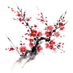 Traditional ink painting style sakura tree branches, Beautiful pink cherry blossom, spring flowers, generated ai. - obrazy, fototapety, plakaty