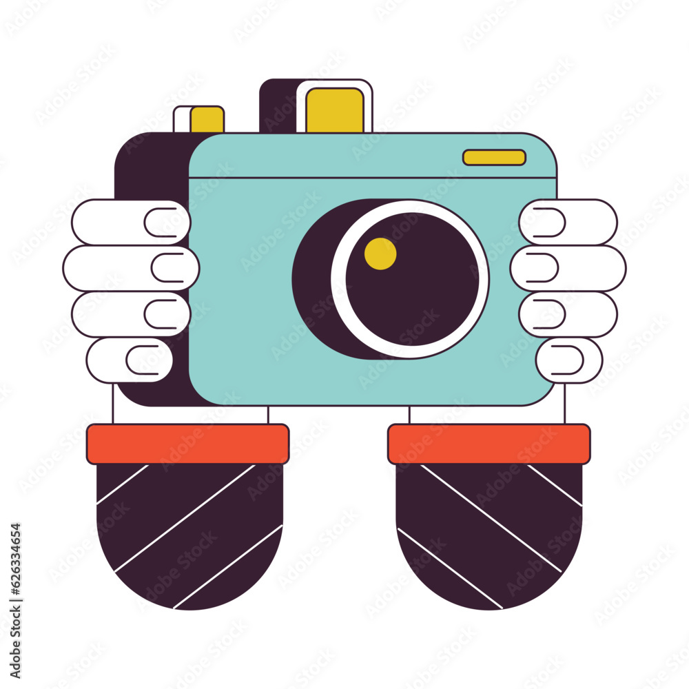 Poster professional photographer camera flat line color isolated vector object. device for taking photos. e