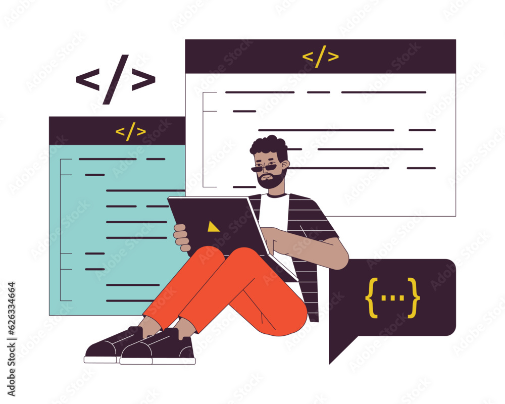 Poster programmer sitting with laptop flat line concept vector spot illustration. freelancer 2d cartoon out