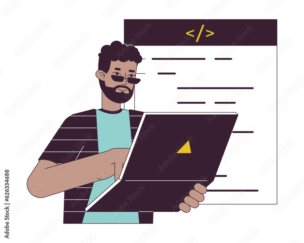 Poster happy man with laptop flat line concept vector spot illustration. programmer coding 2d cartoon outli