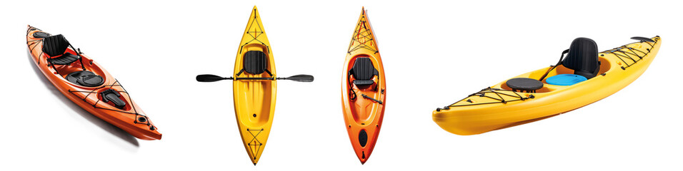 Top view of plastic whitewater kayak with a paddle isolated on transparent background - obrazy, fototapety, plakaty