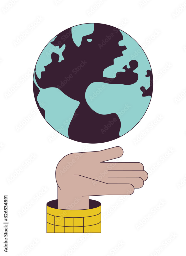 Poster planet on hand flat line color isolated vector object. editable clip art image on white background. 