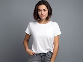 Beatiful handsome woman in white t-shirt. Realistic t - shirt mockup. Generative AI