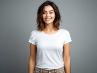 Obraz premium Beatiful handsome woman in white t-shirt. Realistic t - shirt mockup. Generative AI