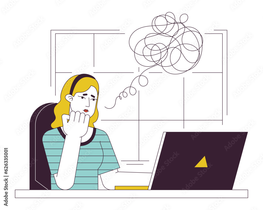 Poster anxious woman working at office flat line concept vector spot illustration. freelancer 2d cartoon ou
