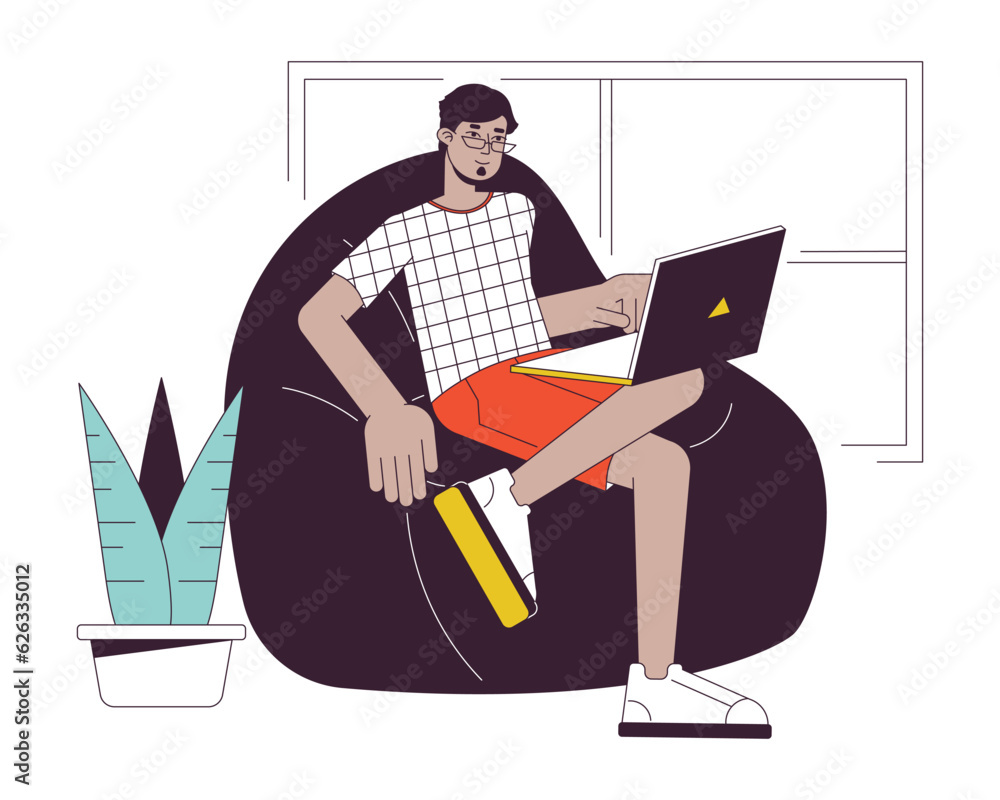 Aufkleber muslim freelancer working at home flat line concept vector spot illustration. remote work 2d cartoon