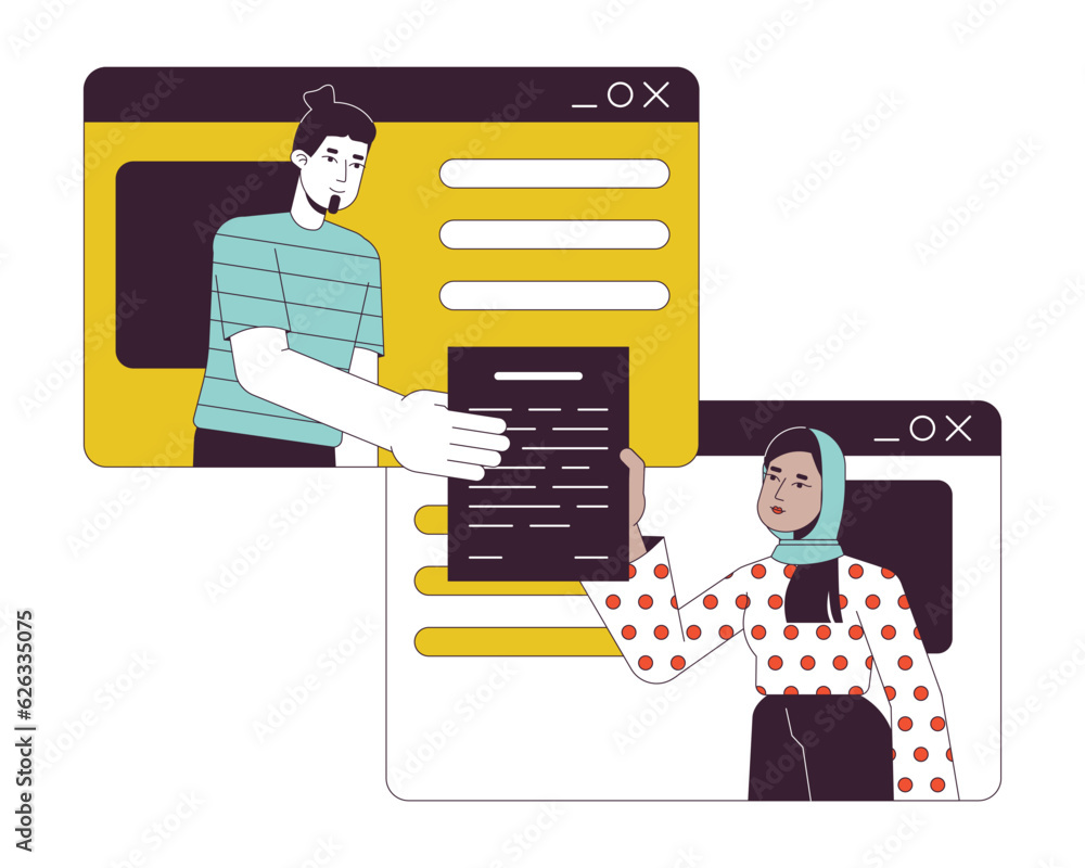 Aufkleber man hands over document to woman flat line concept vector spot illustration. freelancers in browser 