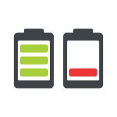 Battery and low battery vector icon. Isolated electric battery, as used to power such devices as a flashlight.Sign icon for battery power on a cell, mobile phone.