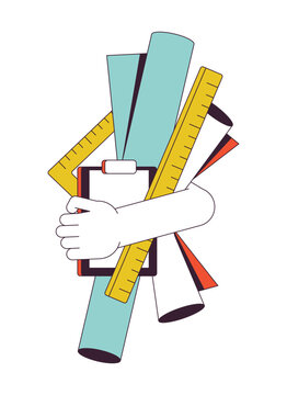 recommend clip art: Hand holds equipment flat line color isolated vector object. Paper, scrolls, rulers and tablet. Editable clip art image on white background. Simple outline cartoon spot illustration for web design