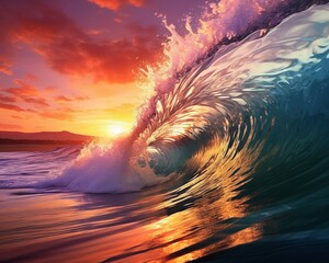 Barrel of wave at sunset with color gradient in the sky, AI-generative