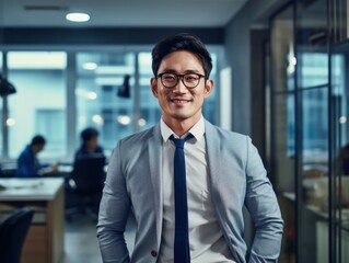 Fototapeta premium Confident handsome and successful asian man smiling and looking determined. Generative AI