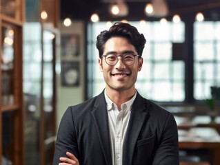 Fototapeta premium Confident handsome and successful asian man smiling and looking determined. Generative AI