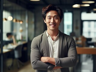 Fototapeta premium Confident handsome and successful asian man smiling and looking determined. Generative AI