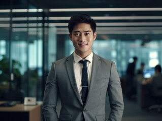 Fototapeta premium Confident handsome and successful asian man smiling and looking determined. Generative AI
