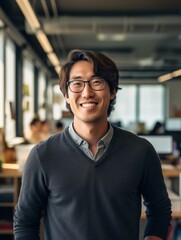Fototapeta premium Confident handsome and successful asian man smiling and looking determined. Generative AI