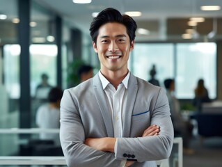 Confident handsome and successful asian man smiling and looking determined. Generative AI