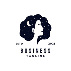 Beautiful woman face and sky night with crescent moon and stars logo design vector illustration concept