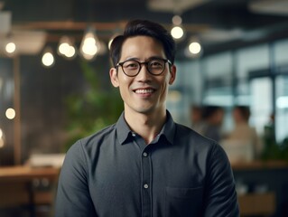 Fototapeta premium Confident handsome and successful asian man smiling and looking determined. Generative AI