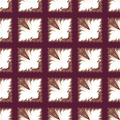Abstract seamless pattern with decorative elements, abstracts white floral element on burgundy background for Design, Wallpaper, Fashion Print, Trendy Decor, Home Textile, Retro Decor. Vector.	