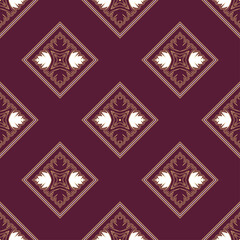 Abstract seamless pattern with decorative elements, abstracts white floral element on burgundy background for Design, Wallpaper, Fashion Print, Trendy Decor, Home Textile, Retro Decor. Vector.	